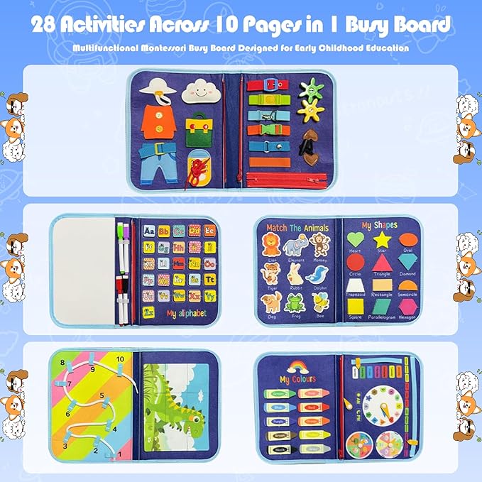 Toddler Busy Board Montessori Toys - Quiet Book for Boys Girls Toddlers Birthday Gift, Busy Book for Learning Fine Motor Skills Educational Activities, Sensory Travel Toy for Airplane & Car (Blue)
