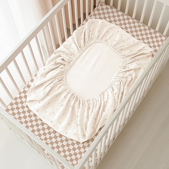 Konssy Muslin Crib Sheets for Boys, Soft Cotton Neutral Baby Sheets for Standard Crib Mattress 2 Pack, 52"x28" (Coffee Check,Moon)