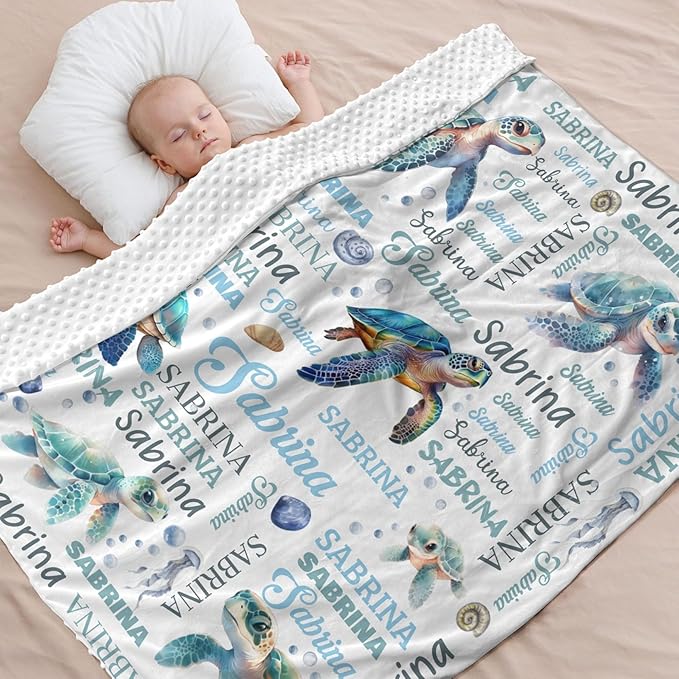 Personalized Baby Blanket for Boys Girls Turtle Custom Baby Blankets with Name Dotted Backing Customized Gifts for New Mom Customize Baby Blanket for Kids Newborn Birthday Blue