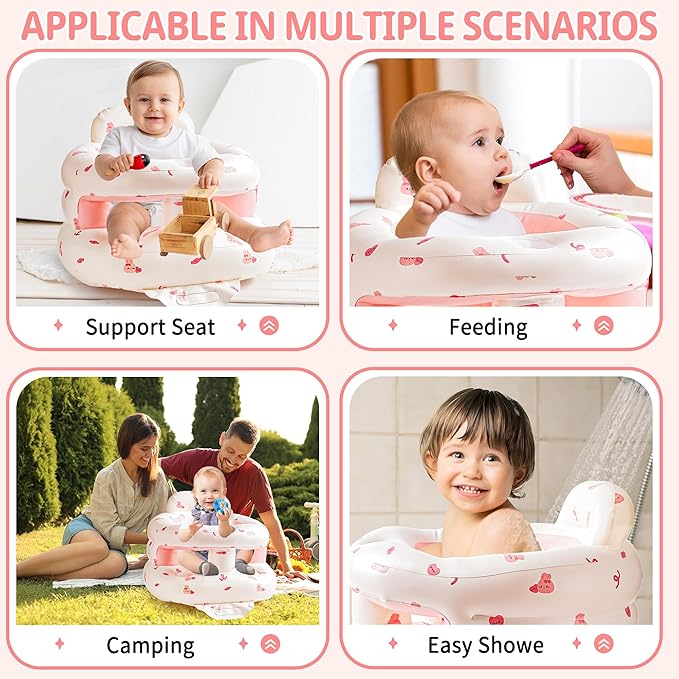 Inflatable Baby Seat with Full Enclosure, Comfortable Sit Me Up Baby Chair for Learning to Sit, Built in Air Pump Blow Up Infant Back Support Floor Seat for Babies 3 Months & Up (Bunny)
