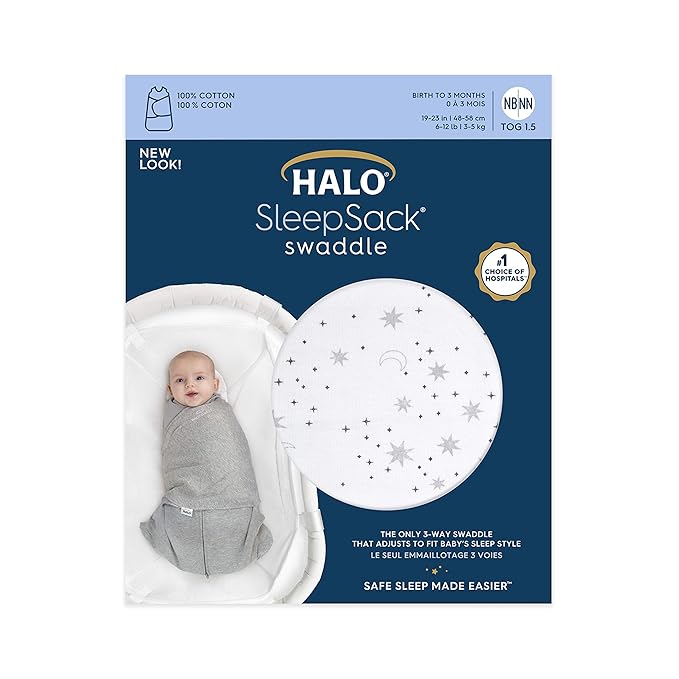 HALO 100% Cotton Sleepsack Swaddle, 3-Way Adjustable Wearable Blanket, TOG 1.5, Midnight Moons Grey, Small, 3-6 Months