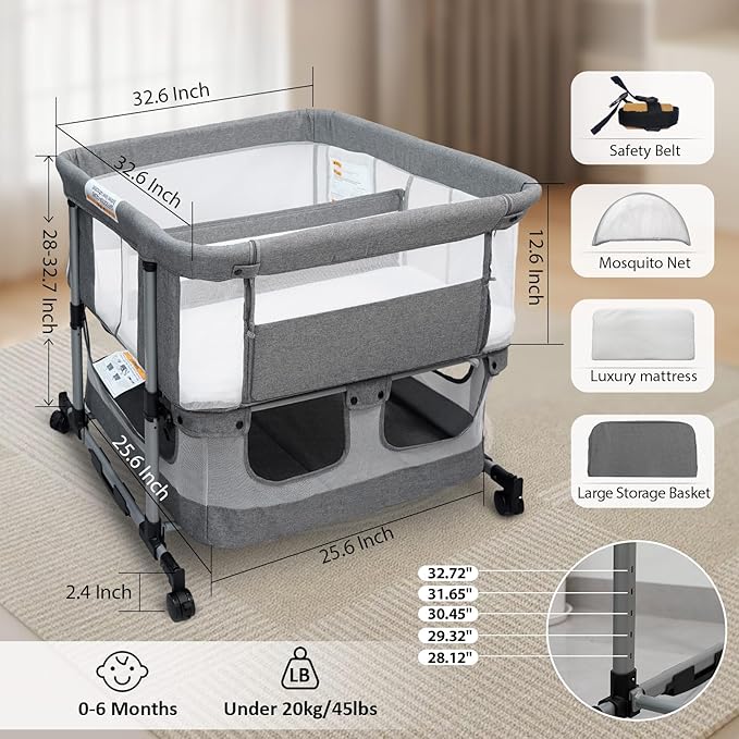 Twin Bassinet for 2 Babies, Double Bassinet for Twins, Rocking Bassinet with Wheels and Storage Basket, Full-Mesh Sides, 5-Height Adjustable, Portable and Stable Baby Crib (Standard Grey)