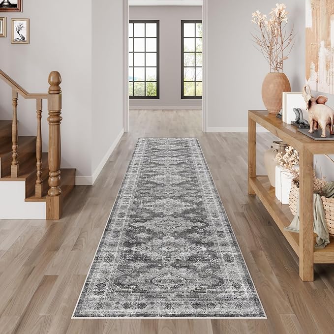 Dripex Hallway Runner Rug 2x10, Washable Rug Kitchen Rug Non Slip with Rubber Backing Soft Thin Vintage Carpet Runner for Entryway Bedroom Bathroom Laundry Room Living Room Decor, Charcoal/Black