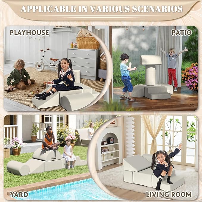 jela Kids Foam Climbing Blocks 6Pcs Soft Play Equipment Waterproof Fabric, UV Resistant Toddler Climbing Toys Indoor& Outdoor Soft Play Climbing Set, Lightweight Climbing Blocks for Toddlers(Sand)