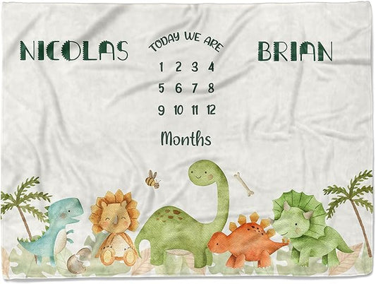 MDPrints Personalized Twin Milestone Blanket, Custom Monthly Baby Blankets with Name for Boys and Girls, 30x40 & 50x60inch Soft Plush Fleece (Dinosaur)