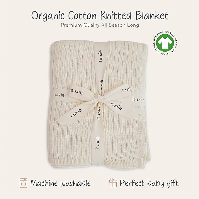 Knitted Organic Cotton Baby Blanket- Swaddle Blanket, 30" x 40" Soft Receiving Blanket for Newborn (Soft White)