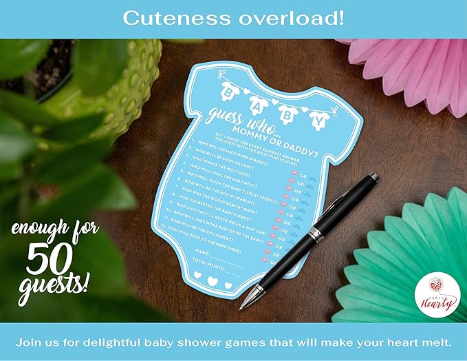 Party Hearty Baby Shower Games for Boy, 50 pcs Blue Mommy or Daddy Guess Who Game, Fun Activity Cards, Baby Shower Ideas