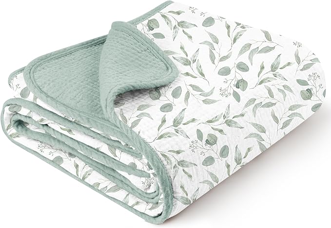 Konssy Muslin Baby Blankets for Girls Boys, 100% Cotton Crib Blanket for Infant Toddler, Super Soft and Lightweight Nursery Swaddling Wrap 40"x36" (Green Leaves)