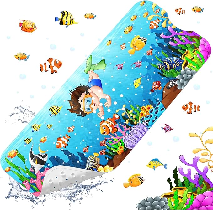 XIYUNTE Baby Bath Mat for Tub Non Slip Kids Bath Mat - 40''x16'' Extra Long Cartoon Child Bath Tub Mat Eco-Friendly Toddler Bath Mats with Suction Cups and Drain Holes, Easy to Clean & Easy Drying