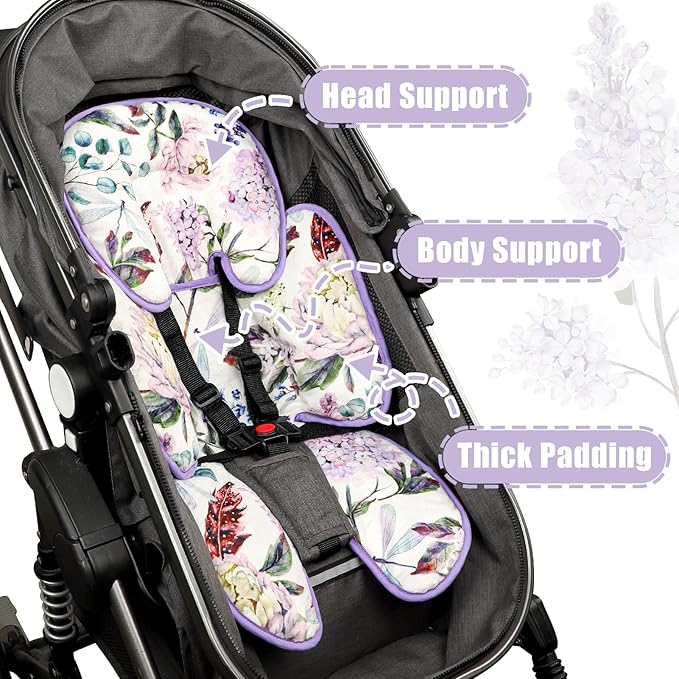 Infant Car Seat Insert for Newborn Girls Boys, HNHUAMING 2 In 1 Reversible Baby Car Seat Head & Body Support, Extra Soft Baby Car Seat Cushion Insert for Strollers, Swings, and Bouncers, Purple Floral