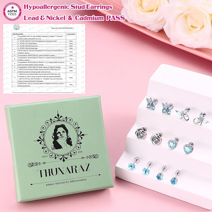 THUNARAZ Hypoallergenic Screw Back Earrings for Girls Women Surgical Stainless Steel Stud Earrings for Sensitive Ears Cute Butterfly Flower Heart CZ Screwback Earring Kid Toddler Girls Jewelry Gift