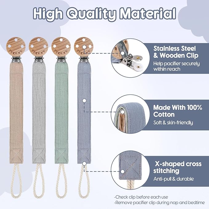 TYRY.HU Ribbon Pacifier Clip Holder,4 Pack Binky Paci Holder Clips, Pacifier Leash for Boys and Girls, Soft Webbing Strap Universal Fits for Most Pacifier, Styles & Teethers(Khaki,Grey,Blue,Green)