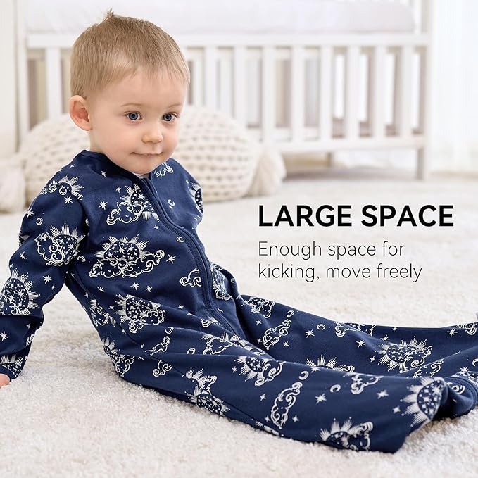 Baby Sleep Sack 6-12 Months, Long Sleeve Baby Wearable Blanket 0.5 Tog with Mittens, 2-Way Zipper Infant Cotton Sleeping Sack for Boy and Girl Blue Stars 2 Pack (Medium)