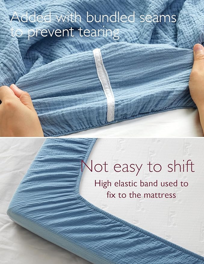 Momcozy Muslin Fitted Mini Crib Sheets, 38"x26", 2 Pack Soft Breathable Natural Cotton Baby Mattress Sheet, 360° Mattress Wrapping No Slip Boys Girls Neutral Toddler Bed Sheet, Grey Blue
