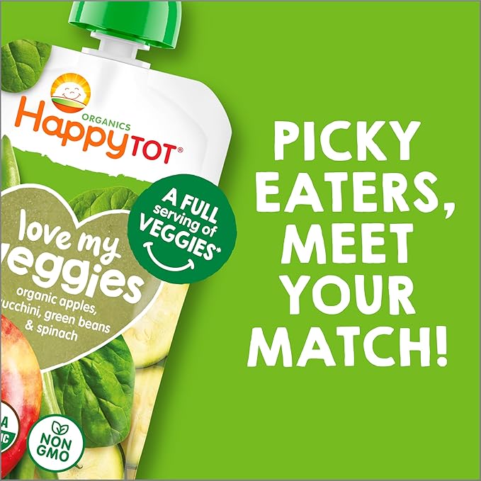Happy Tot Organics Stage 4 Baby Food Pouches,Gluten Free, Vegan Snack, Love My Veggies, Fruit & Veggies Puree, Apples, Zucchini, Green Beans & Spinach 4.22 oz Pouch (Pack of 16)