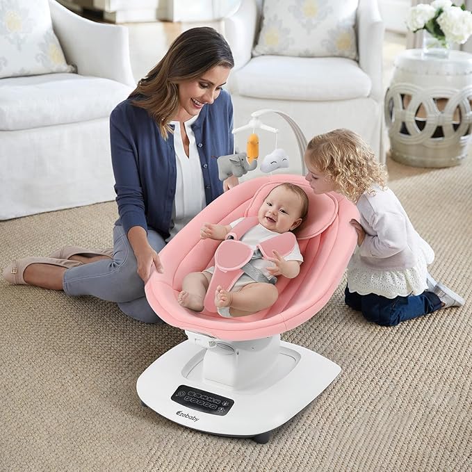 Ezebaby Baby Swing for Infants and Newborns with 5 Unique Motions, Adjustable Speed and Positions, Lullabies, Infant Swing with 5-Point Harness, Baby Swing for Newborn Babies 0-9 Months Pink