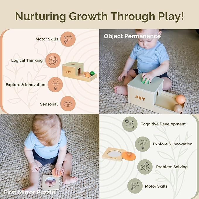 Jackie & Vancie Montessori Toys for 1 Year Old, Sensory Playkit 6 in 1 Wooden Learning Toys with Object Permanence, Rainbow Stacker, Mirror Puzzle, Sensory Blocks, Egg & Cup, Wooden Book