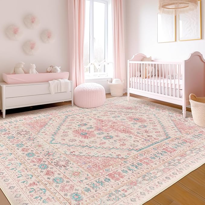 zesthome 8x10 Area Rugs for Girls Bedroom, Non-Slip Backing Washable Rugs, Vintage Large Pink Rug, Stain Resistant Nursery Room Rug (Pink/Blue,8'x10')