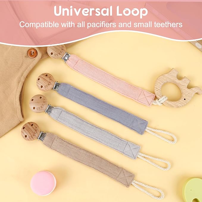TYRY.HU Ribbon Pacifier Clip Holder,4 Pack Binky Paci Holder Clips, Pacifier Leash for Boys and Girls, Soft Webbing Strap Universal Fits for Most Pacifier, Styles & Teethers(Khaki,Grey,Blue,Pink)