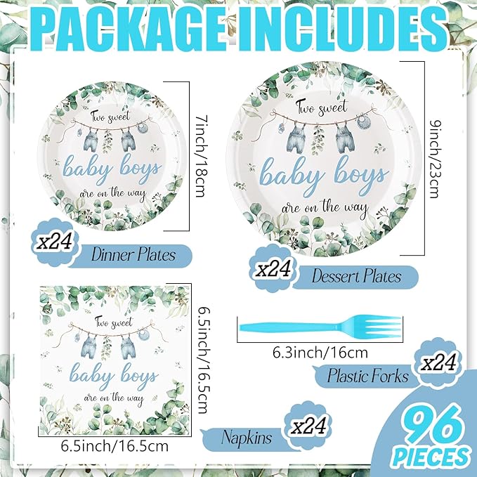 Zhehao 96 Pcs Twins Baby Shower Decorations Supplies Twins Cuties Baby Shower Tableware Set Eucalyptus Leaf Orange Strawberry Greenery Themed Plates Napkins Forks for 24 Guests (Greenery)
