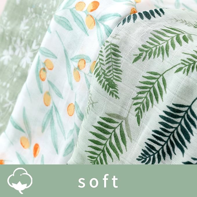 Muslin Swaddle Blankets for Baby Boys and Girls,3 Pack Breathable Soft Receiving Blanket,Large 43.3X 43.3 inches,Newborn Essentials Must Haves (Leaves)