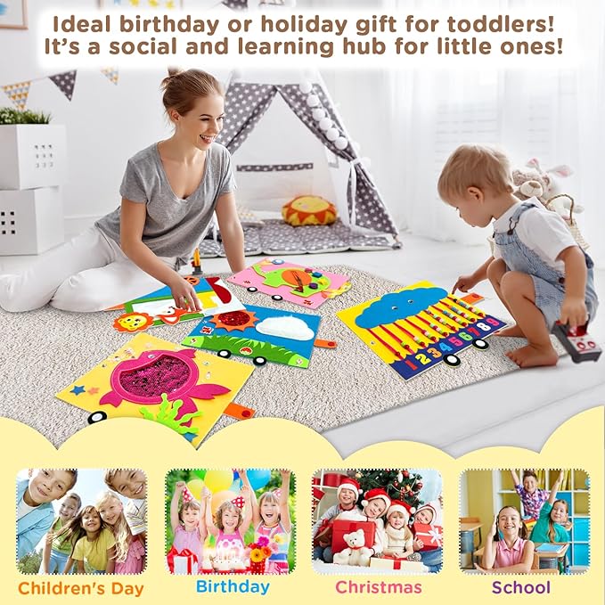 Montessori Busy Board, Cute Train Montessori Sensory Toys, Wall Activity Board for Toddlers 3+, Baby Travel Learning Toy