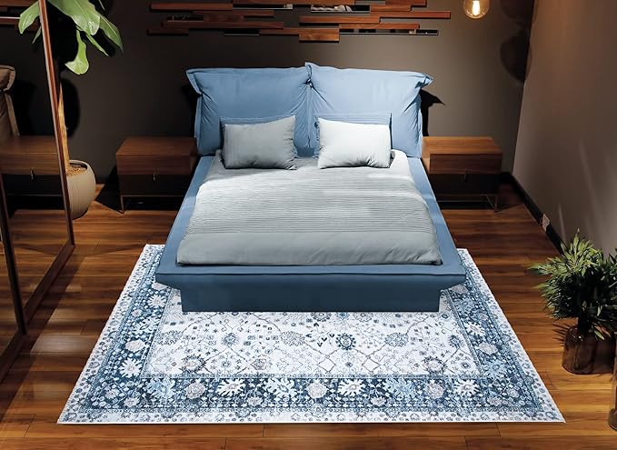 Bloom Rugs Caria Washable Non-Slip 5x7 Rug - Navy Blue Traditional Bordered Area Rug for Living Room, Bedroom, Dining Room, and Kitchen - Exact Size: 5' x 7'