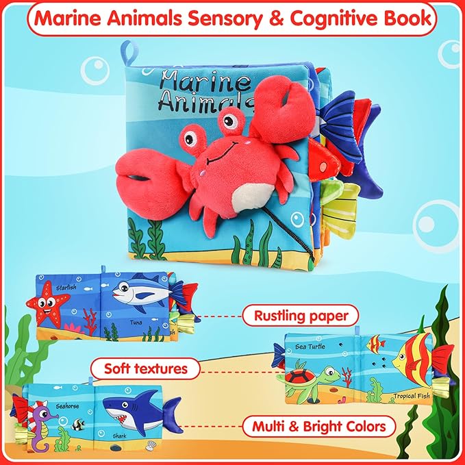 Soft Animal Tails Baby Toy Touch and Feel Crinkle Cloth Book (Marine Soft Baby Book)