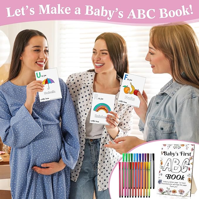 Geelin 51 Pcs Fun Baby Shower Game Activities First Abc Book Sign Coloring Game Card 26 Alphabet a to Z Coloring Card with 24 Watercolor Pen Storage Bag for Baby Shower Party(Wildflowers)