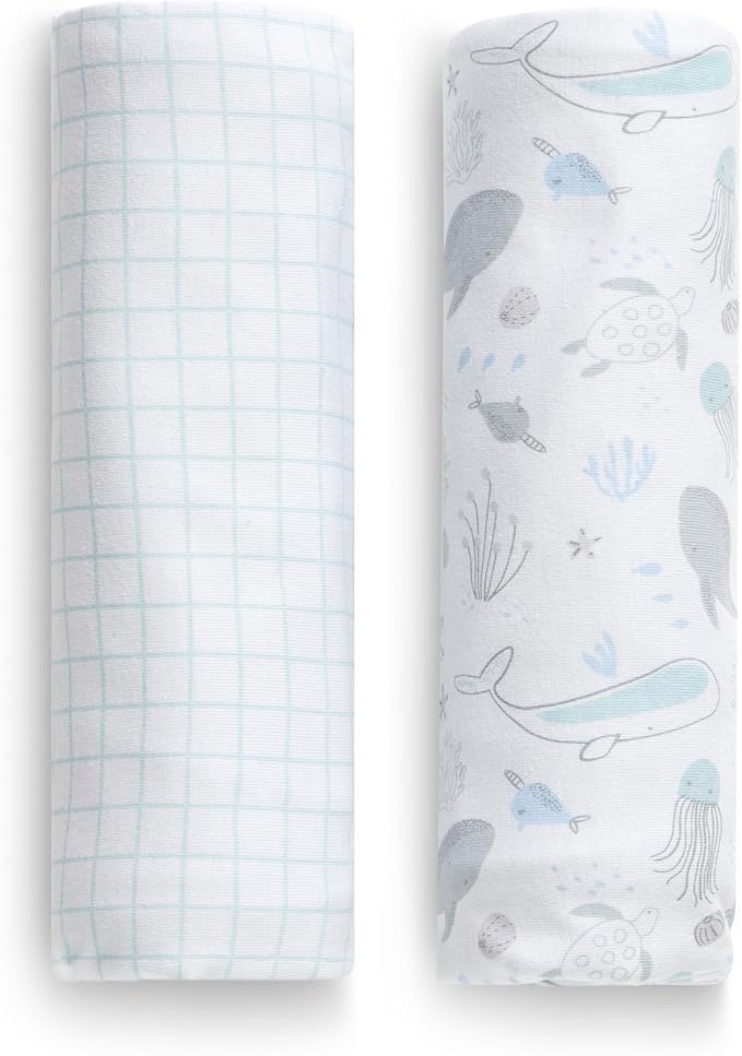 Delta Children 100% Organic Cotton Fitted Crib Sheets, Sea Life + 100% Organic Jersey Cotton Baby Receiving Blankets – 30x40 Inches, GOTS Certified (Pack of 2) (Bundle)