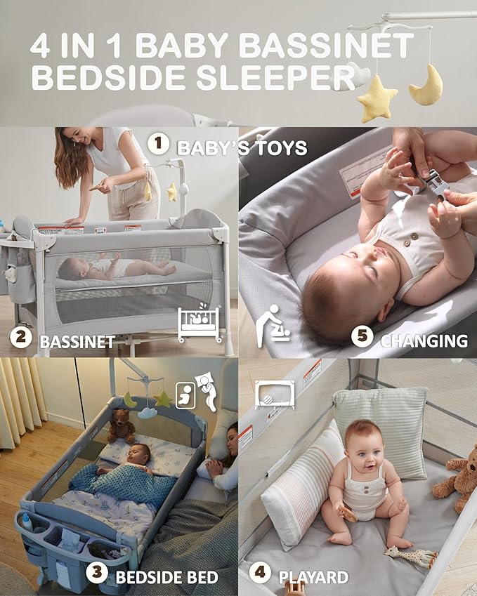 4 in 1 Baby Bassinet Bedside Sleeper, Baby Bedside Crib 5 Functions, Bedside Sleeper, Bassinet Crib, Changing Station for Newborn Baby