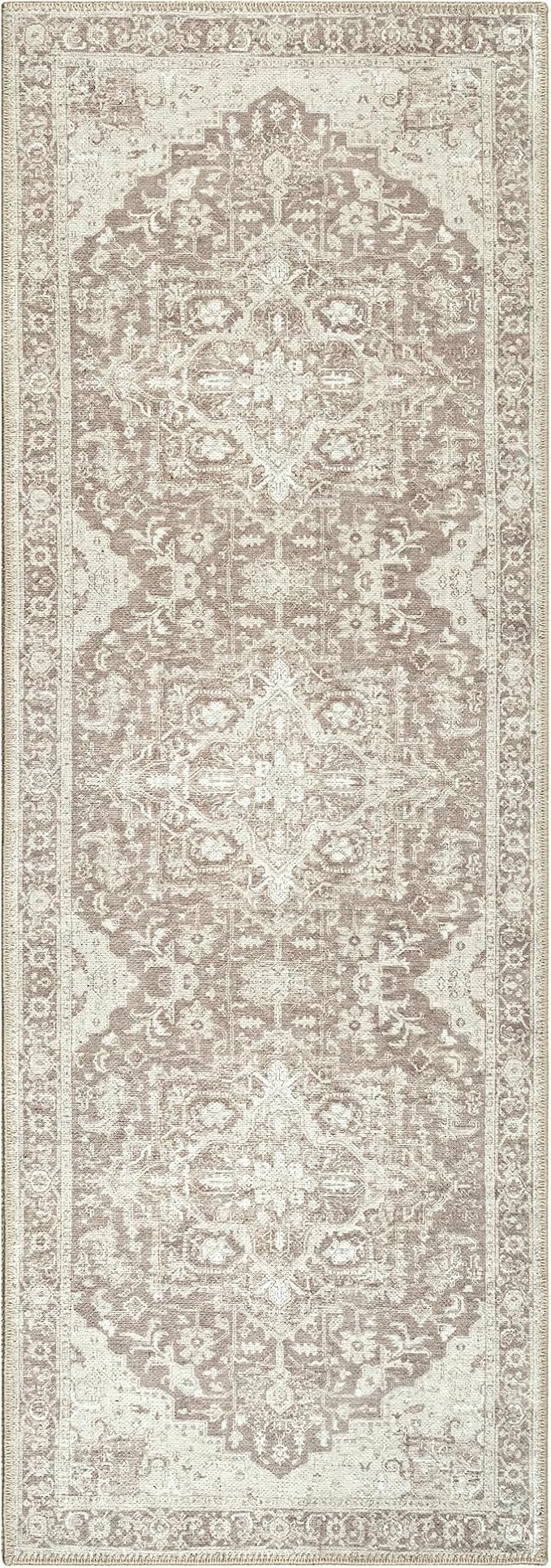 Bloom Rugs Washable Non-Slip 7 ft Runner - Light Brown Traditional Medallion Runner for Entryway, Hallway, Bathroom, and Kitchen - Exact Size: 2.5' x 7'