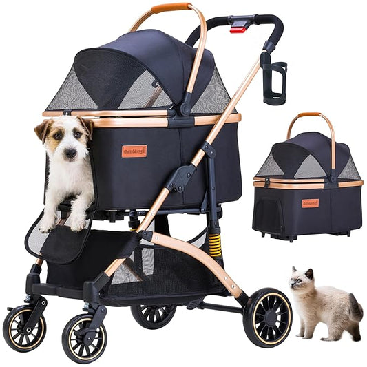 Pet Stroller for Small Medium Dogs, Lightweight Small Dog Stroller for Dogs Cats with 6 Shock Absorption System, Detachable Carrier Suitable for Car Seat & Hand Carry, Safe Outings