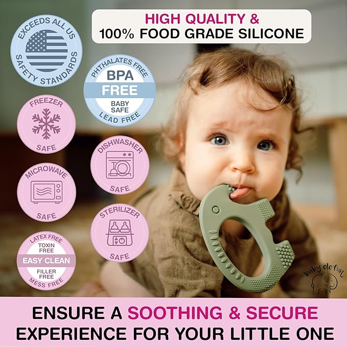 Teethers for Babies 6-12 Months - Baby Elefun 5x Pain Relief Toddler Teether. No More Ouch for Mom Anti Bite Trainer. Nurtures Grasping, Passing, Hand Eye Coordination. Silicone Baby Teething Toy Ring