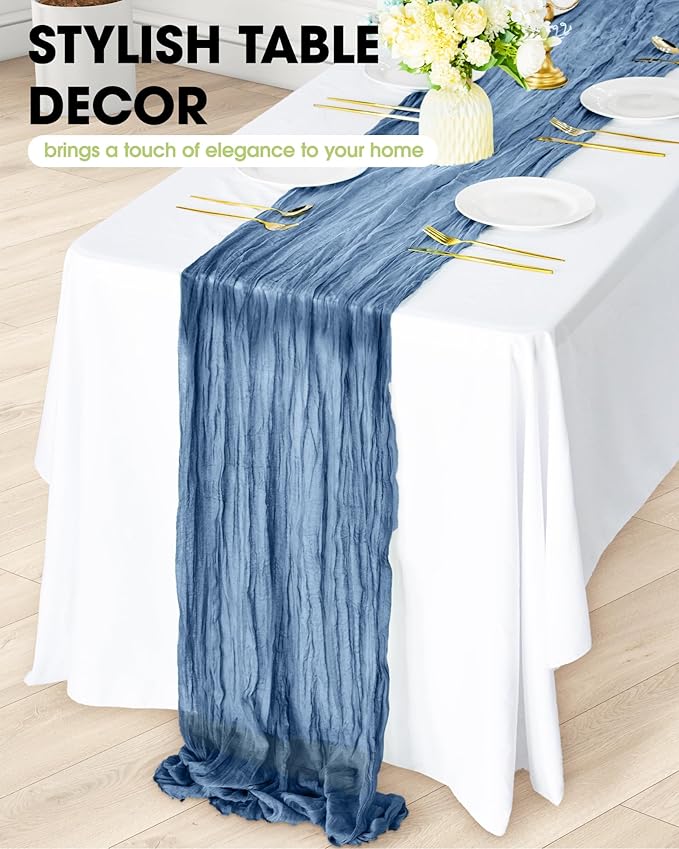 Pureegg 3-Pack Cheese Cloths Table Runner, 120'' Boho Table Cloth Decorations for Party, Baby Shower, Wedding and Farmhouse, Fabric Room Decor, Dusty Blue