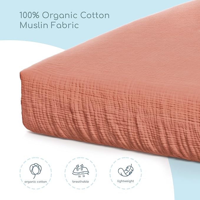 Muslin Crib Sheets, 100% Organic Cotton, Breathable and Ultra-Soft, Standard Crib Sheet Mattress (28"x 52") for Girls and Boys, Neutral Fitted Baby Crib Sheet (Brick Red)