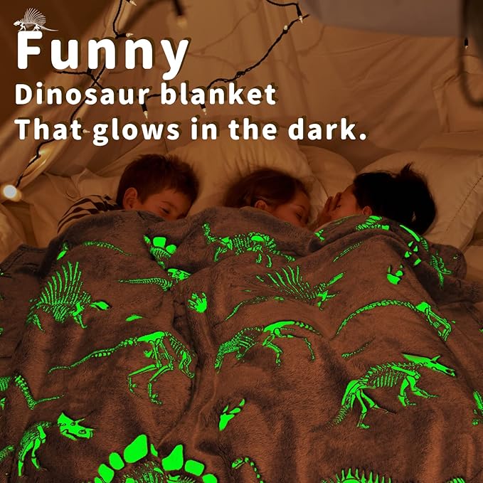 Glow in The Dark Blanket Dinosaur Blanket for Boys Kids Soft Cute Dino Throw Blanket Christmas Toys Gifts Gray Glowing Dinosaur Blankets for Bed 90x90 inch