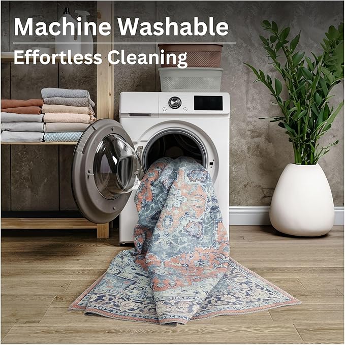 Bloom Rugs Washable Non-Slip 8' x 10' Rug - Coral/Blue Traditional Medallion Area Rug for Living Room, Bedroom, Dining Room, and Kitchen - Exact Size: 8' x 10'