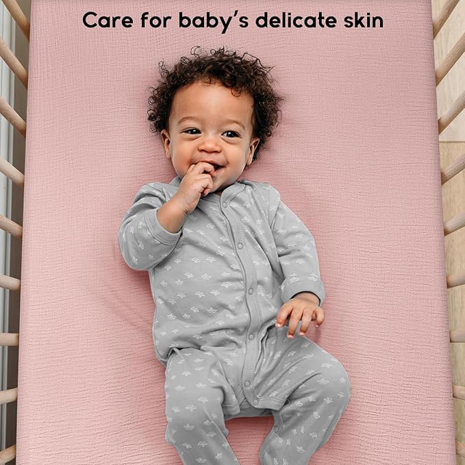 Yoofoss Muslin Crib Sheets for Boys & Girls - 100% Cotton Fitted Baby & Toddler Sheet - 2 Pack - Soft & Breathable - Standard & Toddler Mattress - 52"x28" - Apricot & Pink