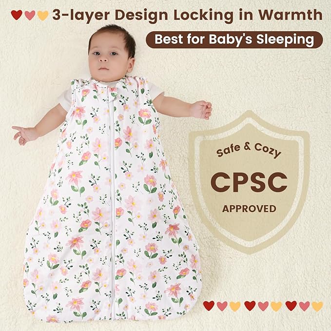 PHF 100% Cotton Baby Sleep Sack 6-12 Months, 2.5 TOG Winter Baby Wearable Blanket with 2-Way Zipper, Warm Comfy Quilted Sleeping Bags, Infant Sleeping Sack for Newborn Girls, Medium Size, Floral