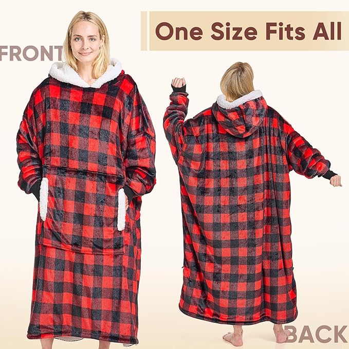 yescool Wearable Blanket Hoodie, Flannel Sherpa Fleece Blanket Sweatshirt for Adults Women Men, Big Plush Cozy Hooded Blanket with Hood, Pocket & Sleeves, Large, One Size Fits All (Red Checkered)