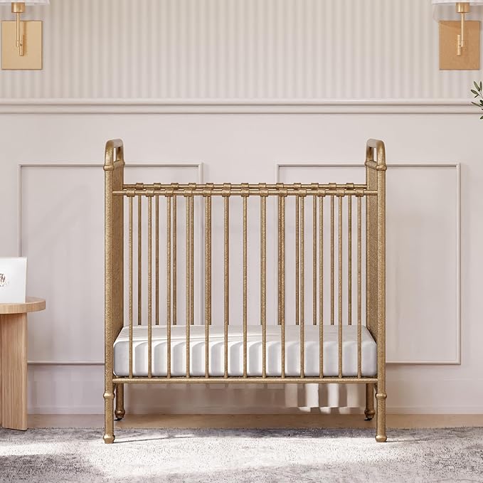 NAMESAKE Abigail 3-in-1 Portable Baby Crib with Wheels - GREENGUARD Gold Certified Convertible Crib to Toddler Bed & Daybed - Metal Baby Bed w/ 4 Adjustable Mattress Heights, for Small Spaces - Gold