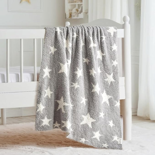 Soft Plush Baby Blanket for Boys Girls with Little Stars Printed, Fleece Fuzzy Toddler Nursery Blanket Lightweight Warm Cozy Throw Blanket for Baby Crib, Couch, Bed, Light Gray, 50"x60"