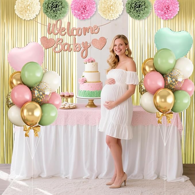 Dusty Pink Green Gold Baby Shower Decorations,Welcome Baby Banner with Sand White Sage Green Balloons Fringe Curtains Paper Pom Poms Flowers Tassels for Boho Baby Shower Gender Reveal Party Supplies