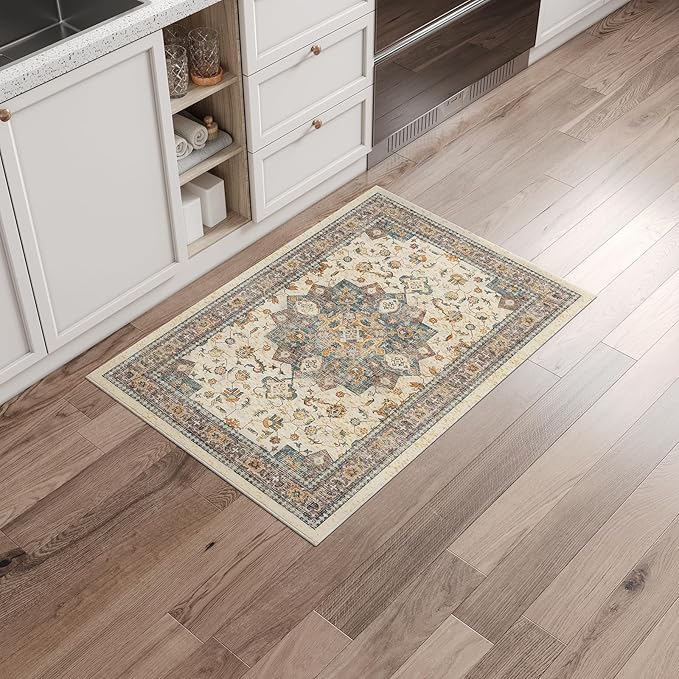 Dripex Vintage Washable Area Rug - 2x4 Indoor Door Mat Oriental Medallion Accent Throw Rug Distressed Foldable Non-Slip Low-Pile Bathroom Kitchen Rug for Entryway Laundry Room Living Room Bedroom