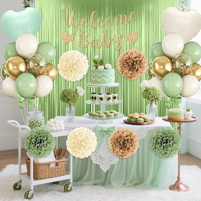 Sage Green Gold Baby Shower Decorations,Welcome Baby Banner with Sand White Green Balloons Fringe Curtains Paper Pom Poms Flowers Tassels for Girl Boy Boho Baby Shower Gender Reveal Party Supplies