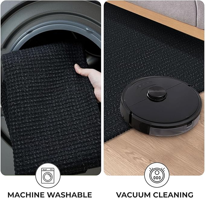 KOZYFLY Washable Area Rug 4x6 ft Non Slip Rubber Backed Living Room Rugs Braided Woven Cotton Kitchen Rugs Indoor Entryway Rug Floor Carpet for Dining Living Room Bedroom, Black/Dark Grey
