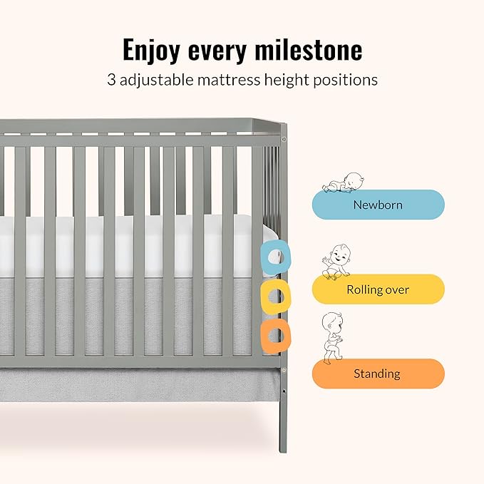 Dream On Me Synergy 5-in-1 Convertible Full-Size Baby Crib with Toddler, Day & Full Bed Conversion in Cool Grey, GreenGuard Gold & JPMA, 3 Mattress Heights, Sustainable Pinewood