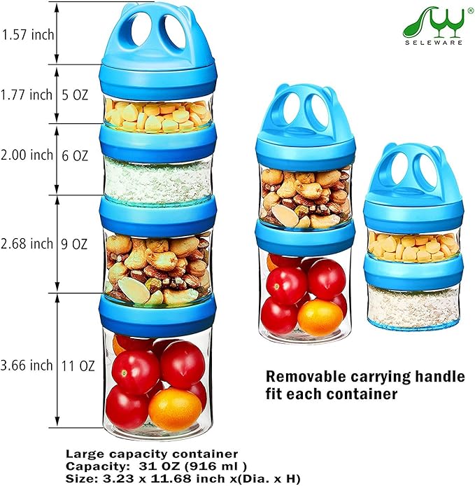 SELEWARE Portable Stackable Food Storage Containers for Snacks Formula Powder and Drinks Twist Lock System Airtight Leak-proof BPA and Phthalate Free 4 Piece Jars 31oz Blue