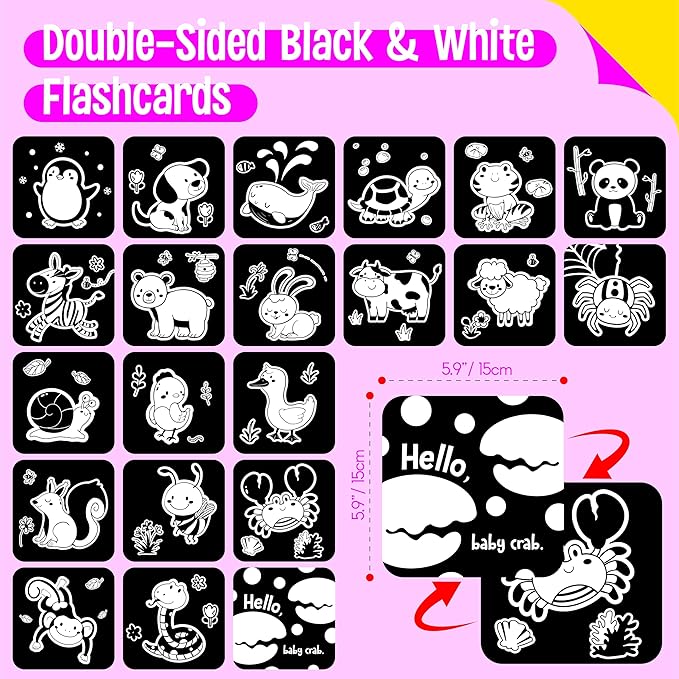 20 PCS Baby Visual Stimulus Cards, Double-Sided High Contrast Black and White Flashcards Visual Sensory Development Montessori Cards Set for Newborn Boy Girl Baby 0-3 Months Tummy Time (5.9” X 5.9”)
